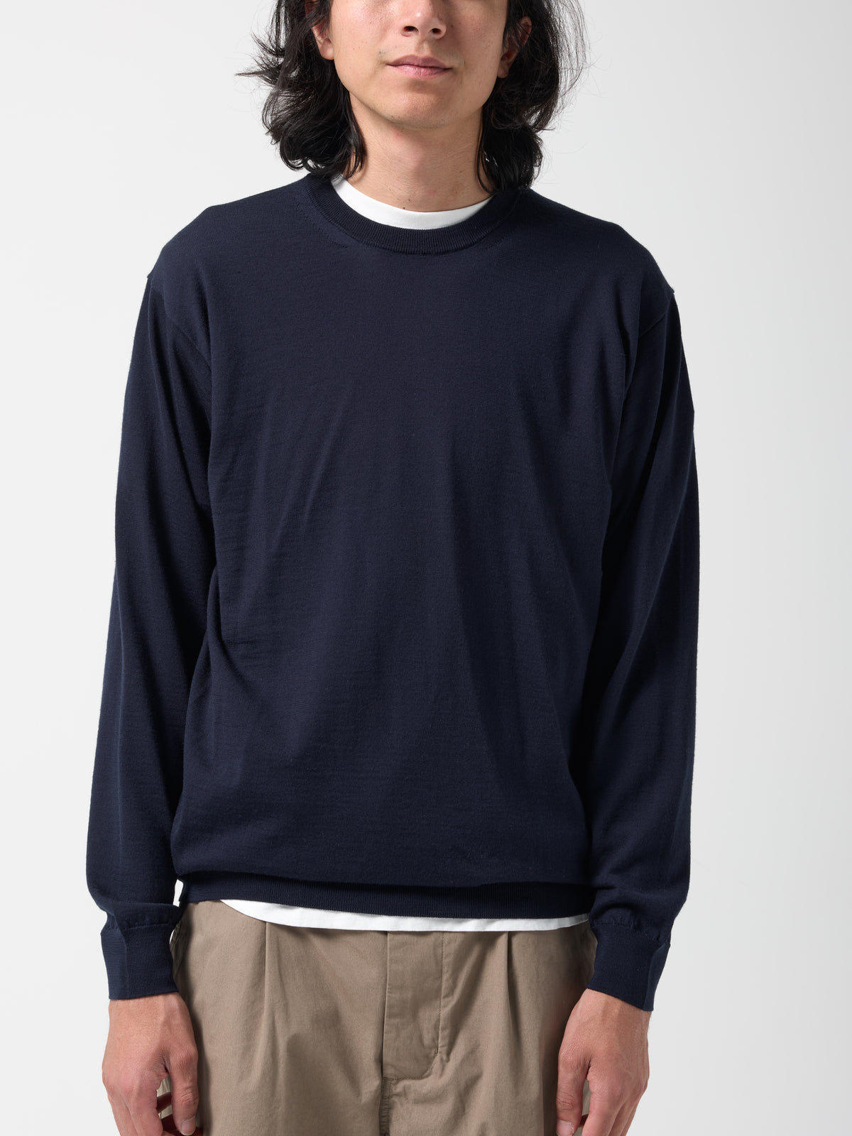 Pull Col Rond Merino, Bleu Marine