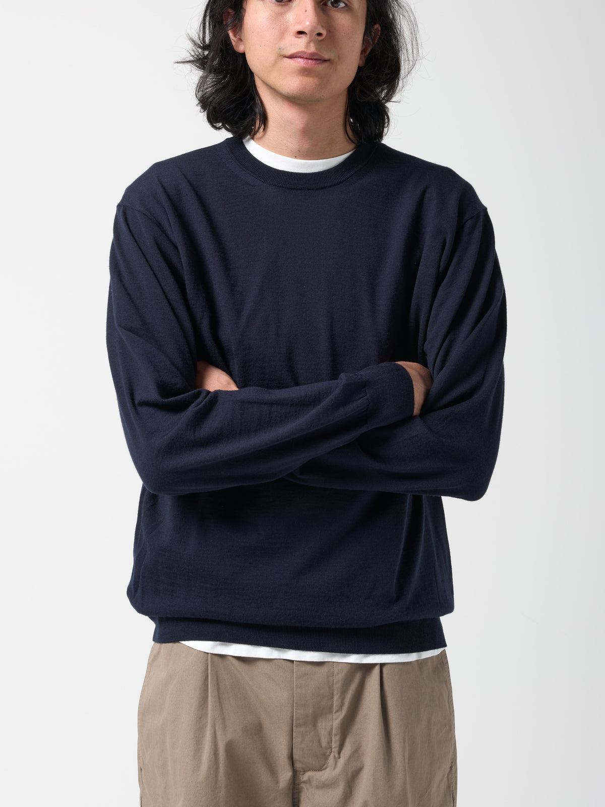 Pull Col Rond Merino, Bleu Marine