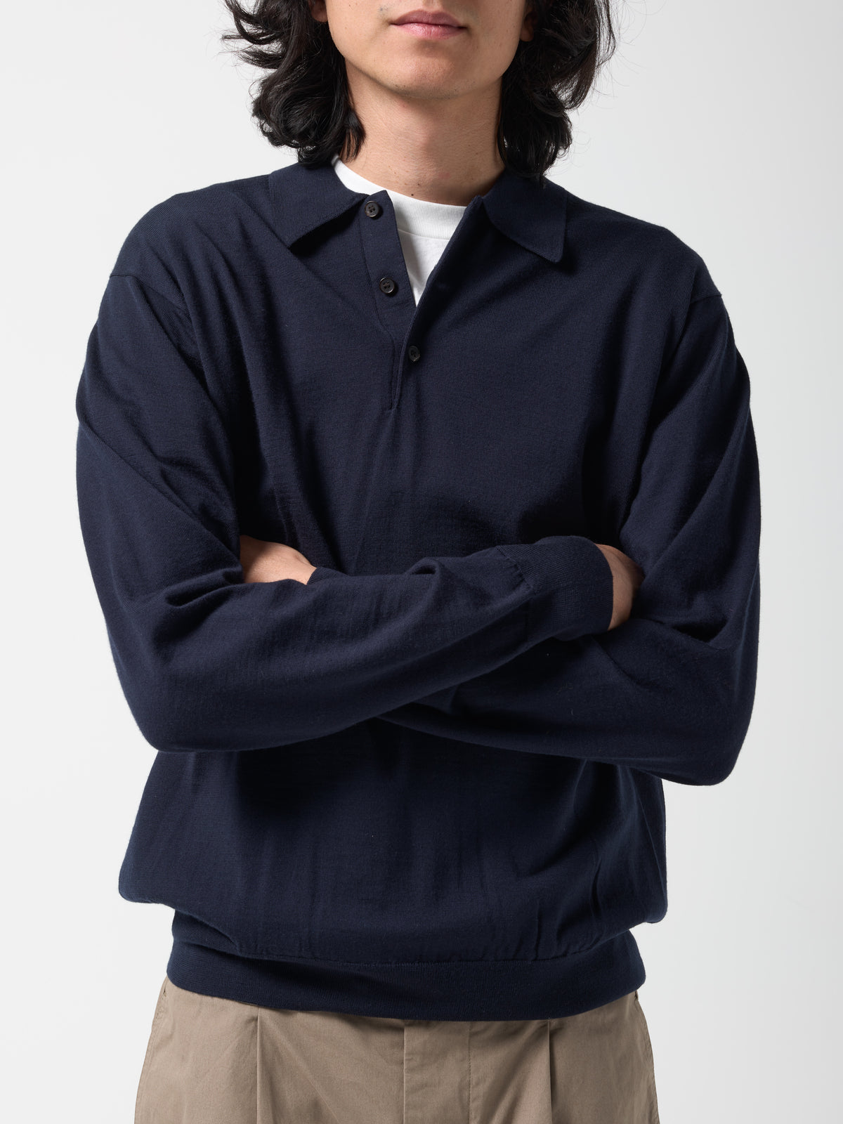 Pull Col Polo Merino, Bleu Marine