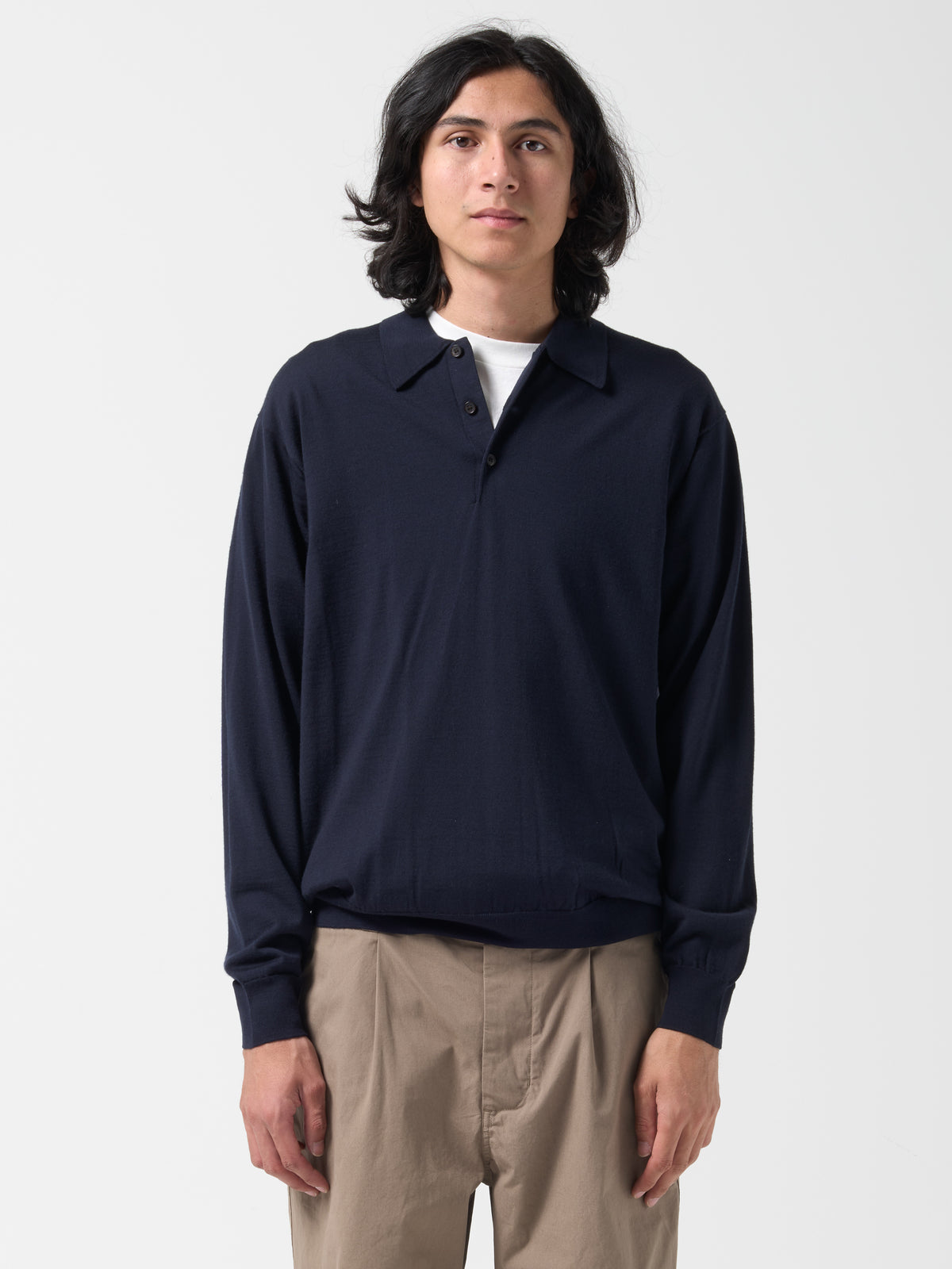 Pull Col Polo Merino, Bleu Marine