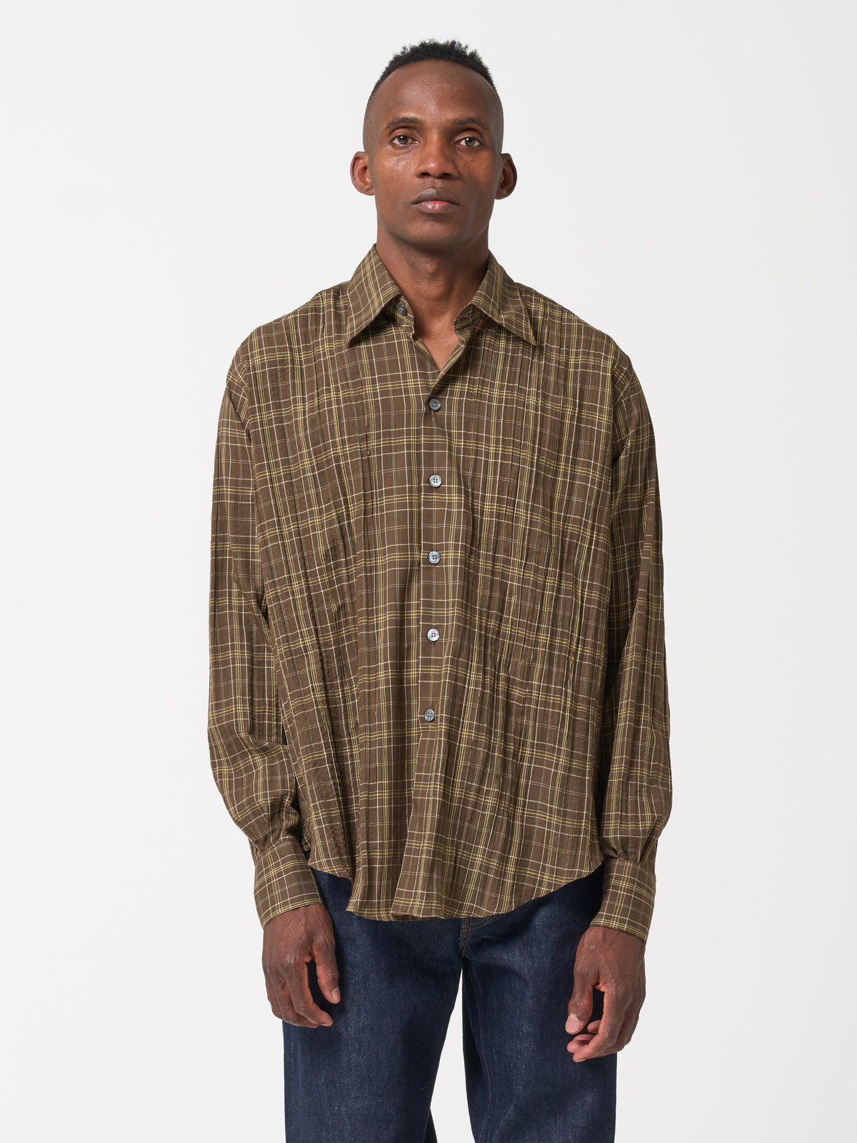 Chemise Normal Madras, Marron à Carreaux Blanc et Vert