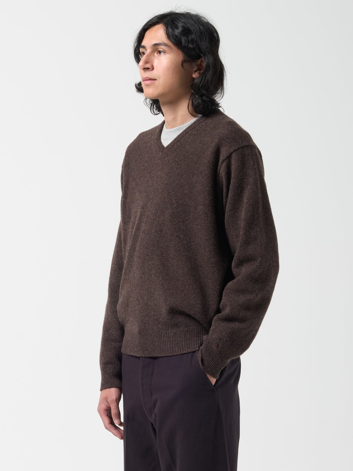 Pull Col V, Marron Chiné