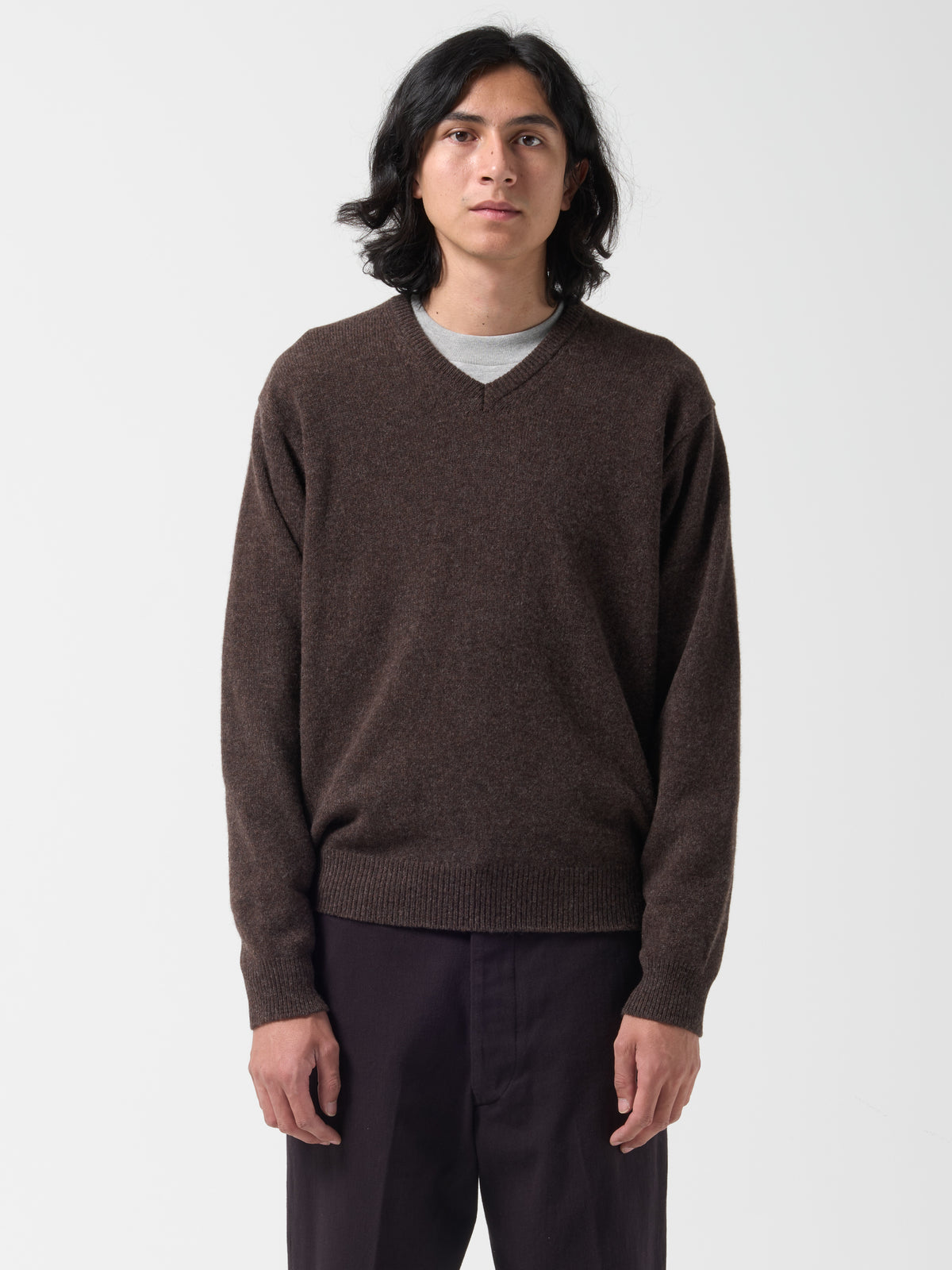 Pull Col V, Marron Chiné