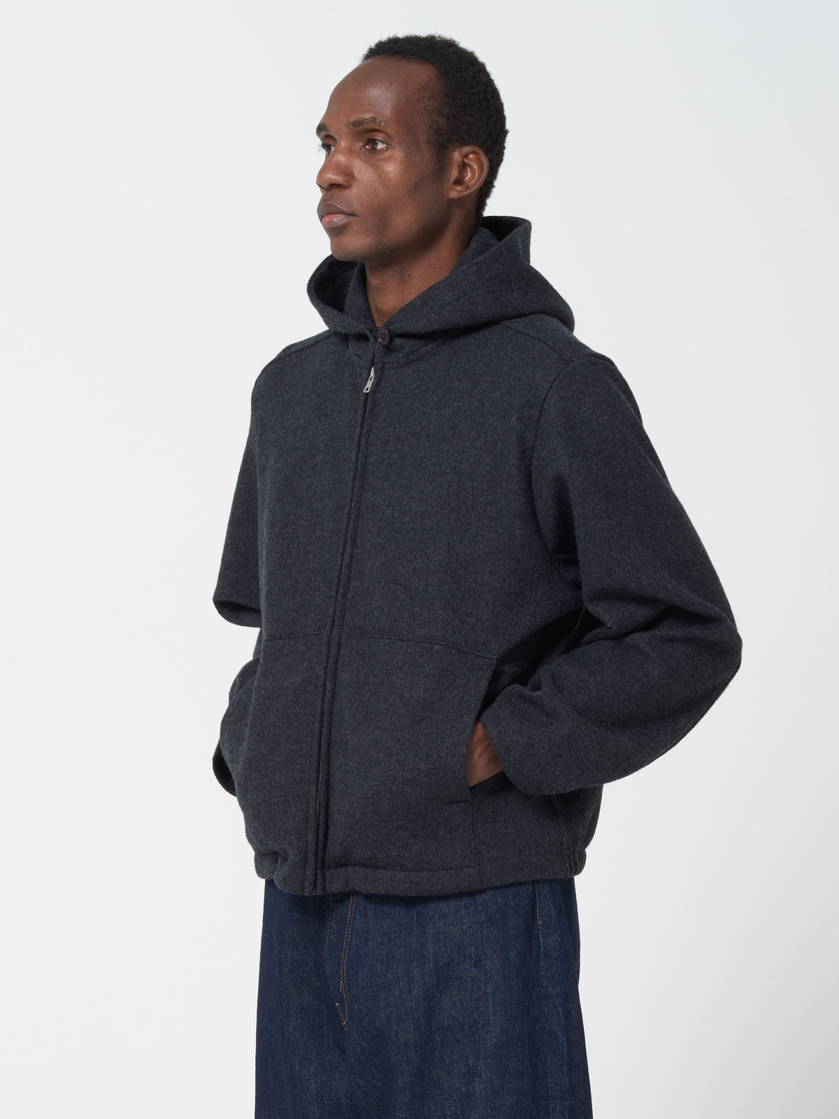 Sweatshirt à Capuche Zipée en Laine, Charbon