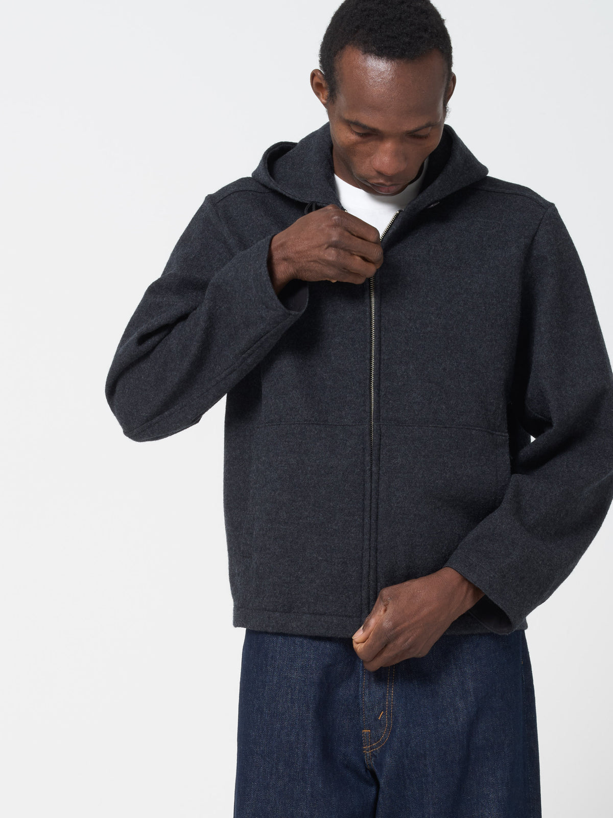 Sweatshirt à Capuche Zipée en Laine, Charbon