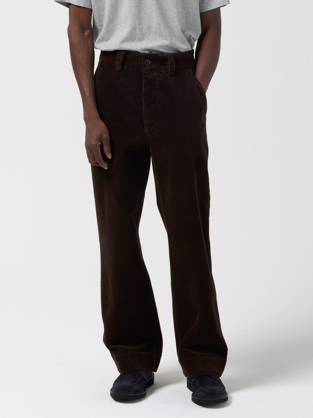 Pantalon Simple en Velour, Marron