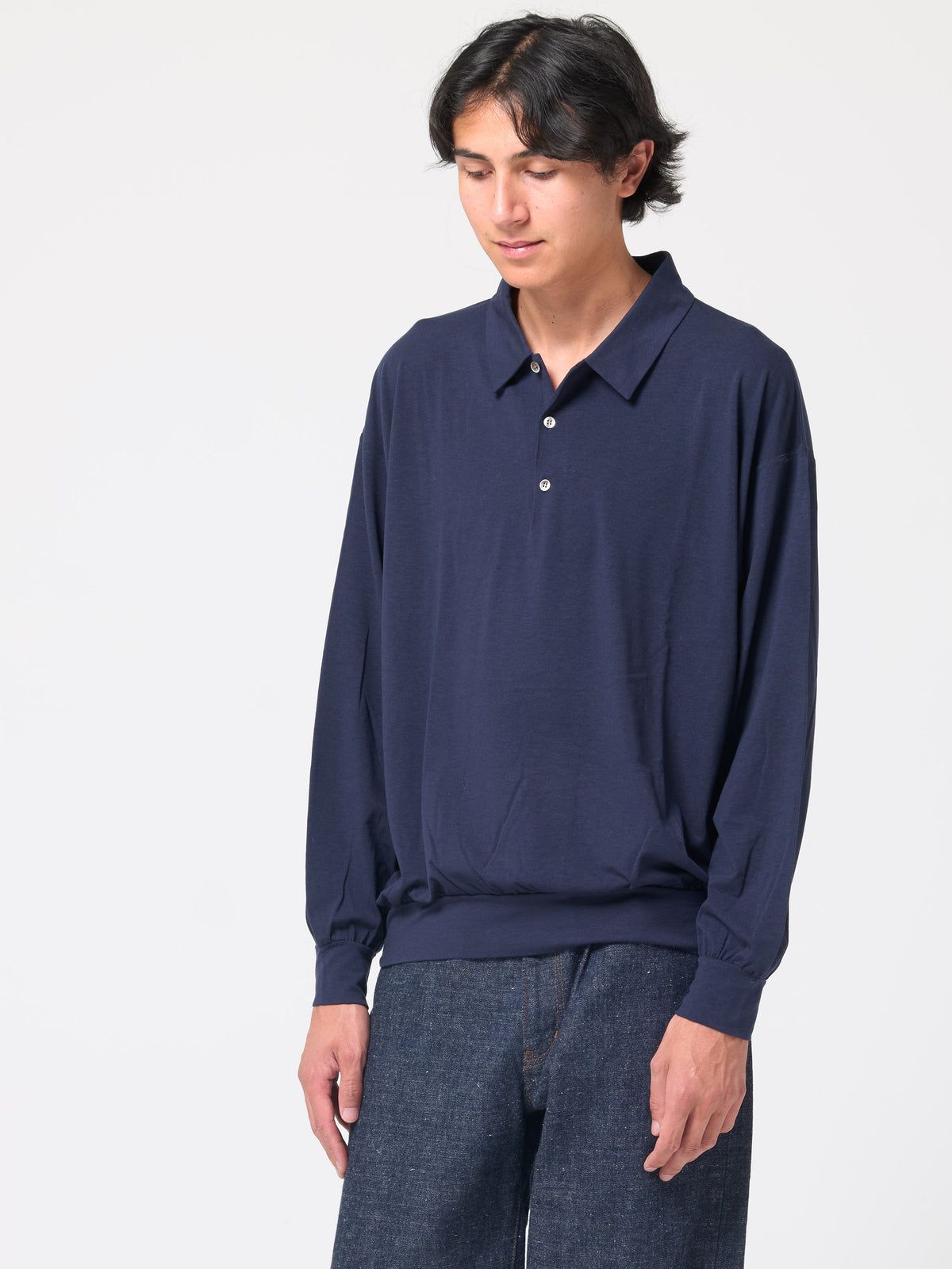 Polo en Jersey de Laine, Bleu Marine