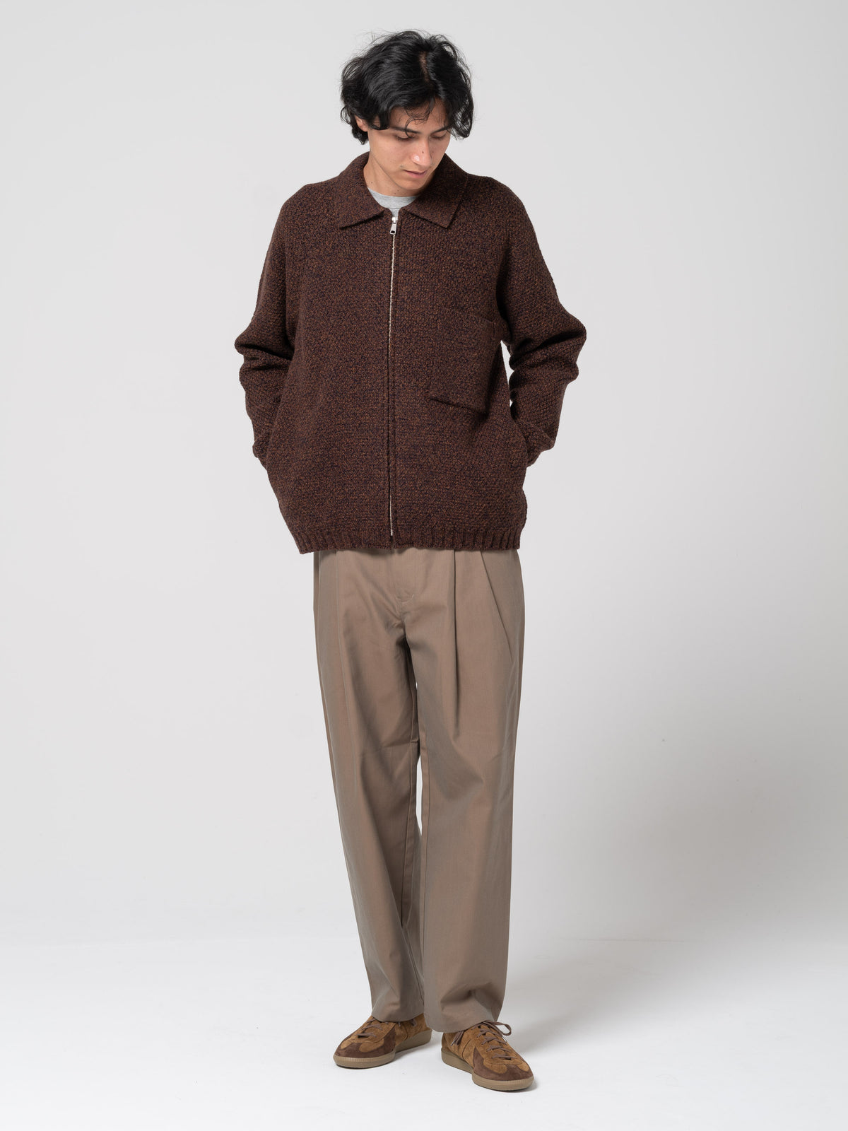 Cardigan Épais Zippé, Marron Mélangé