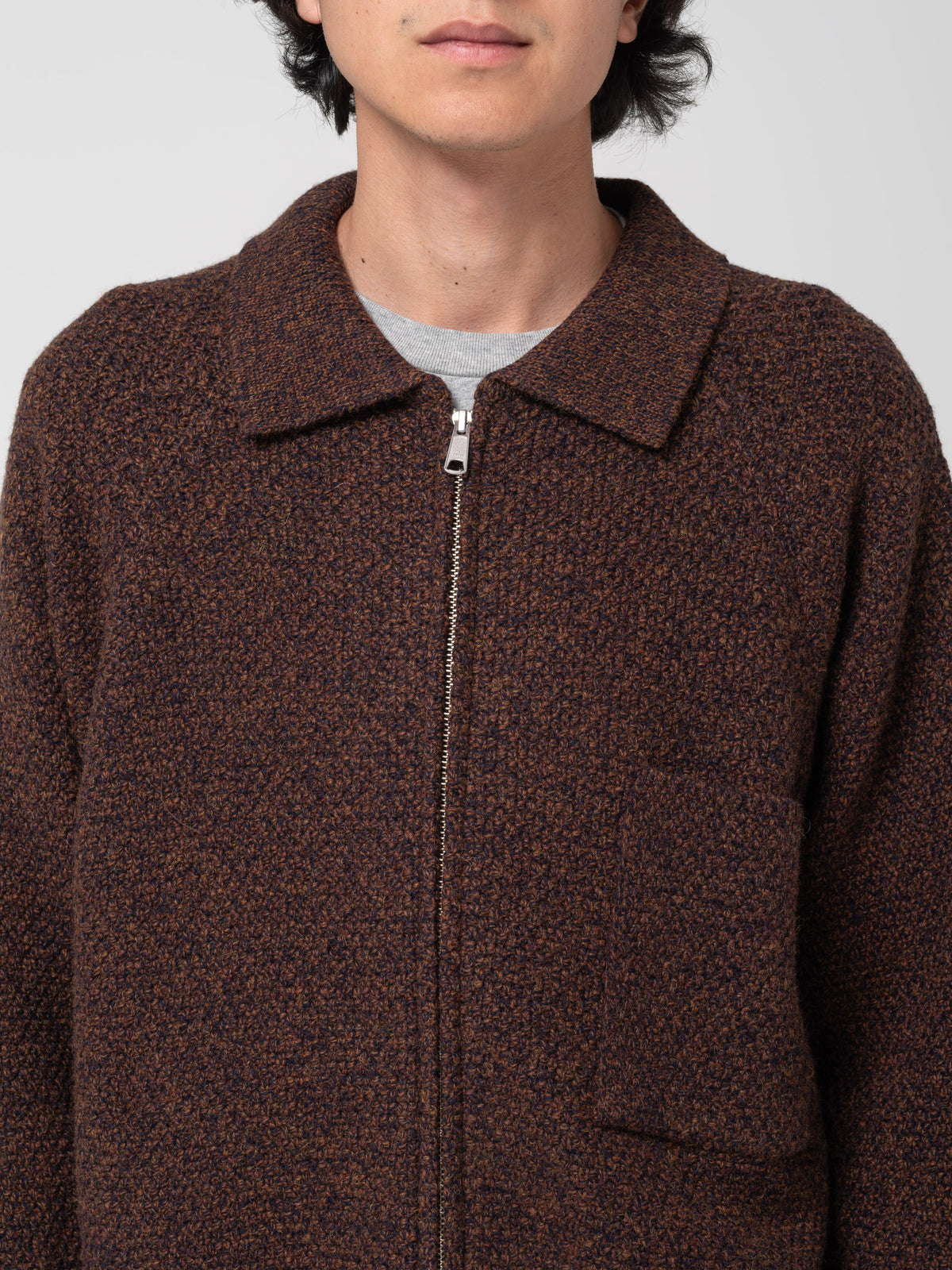 Cardigan Épais Zippé, Marron Mélangé