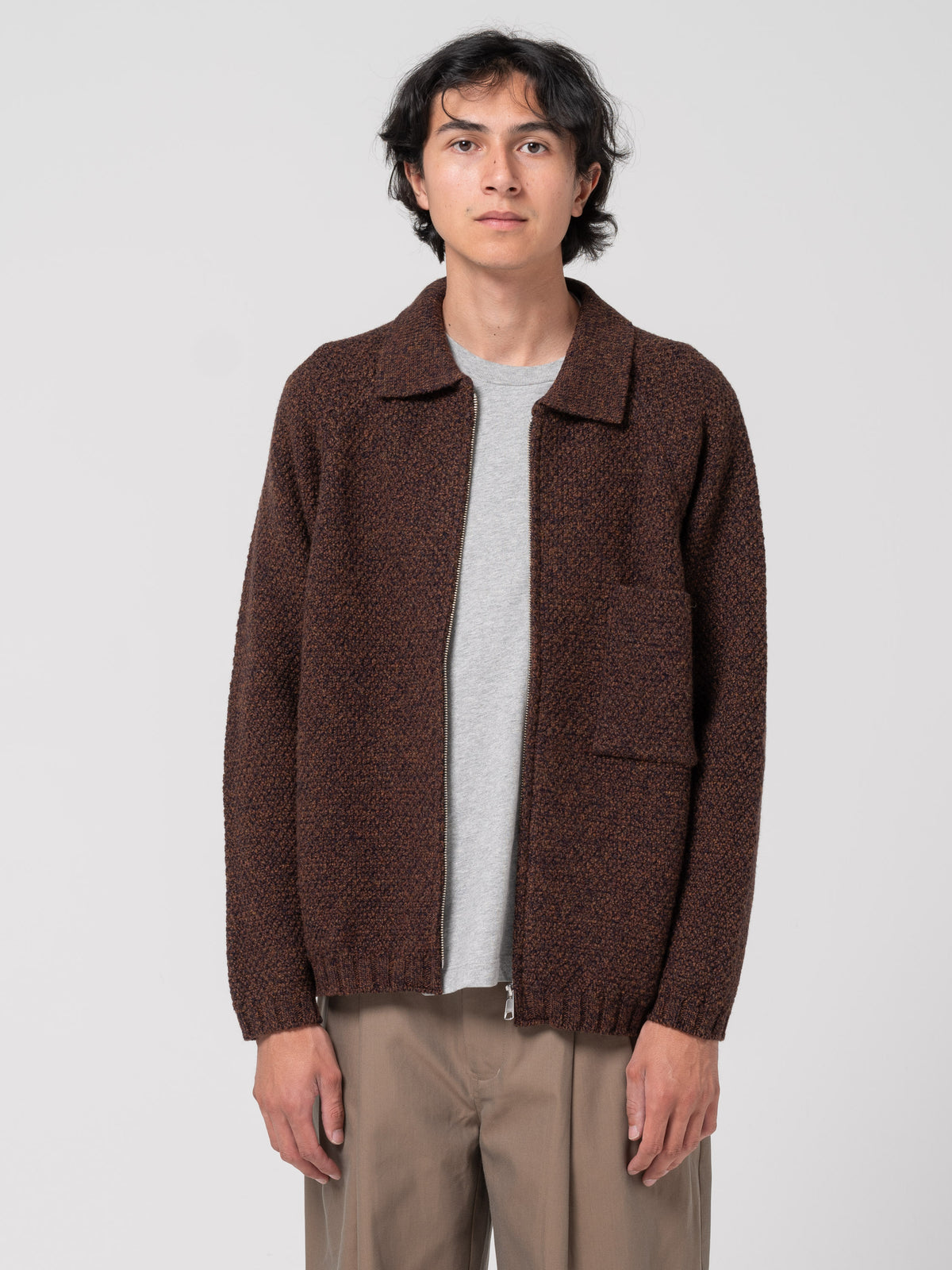 Cardigan Épais Zippé, Marron Mélangé