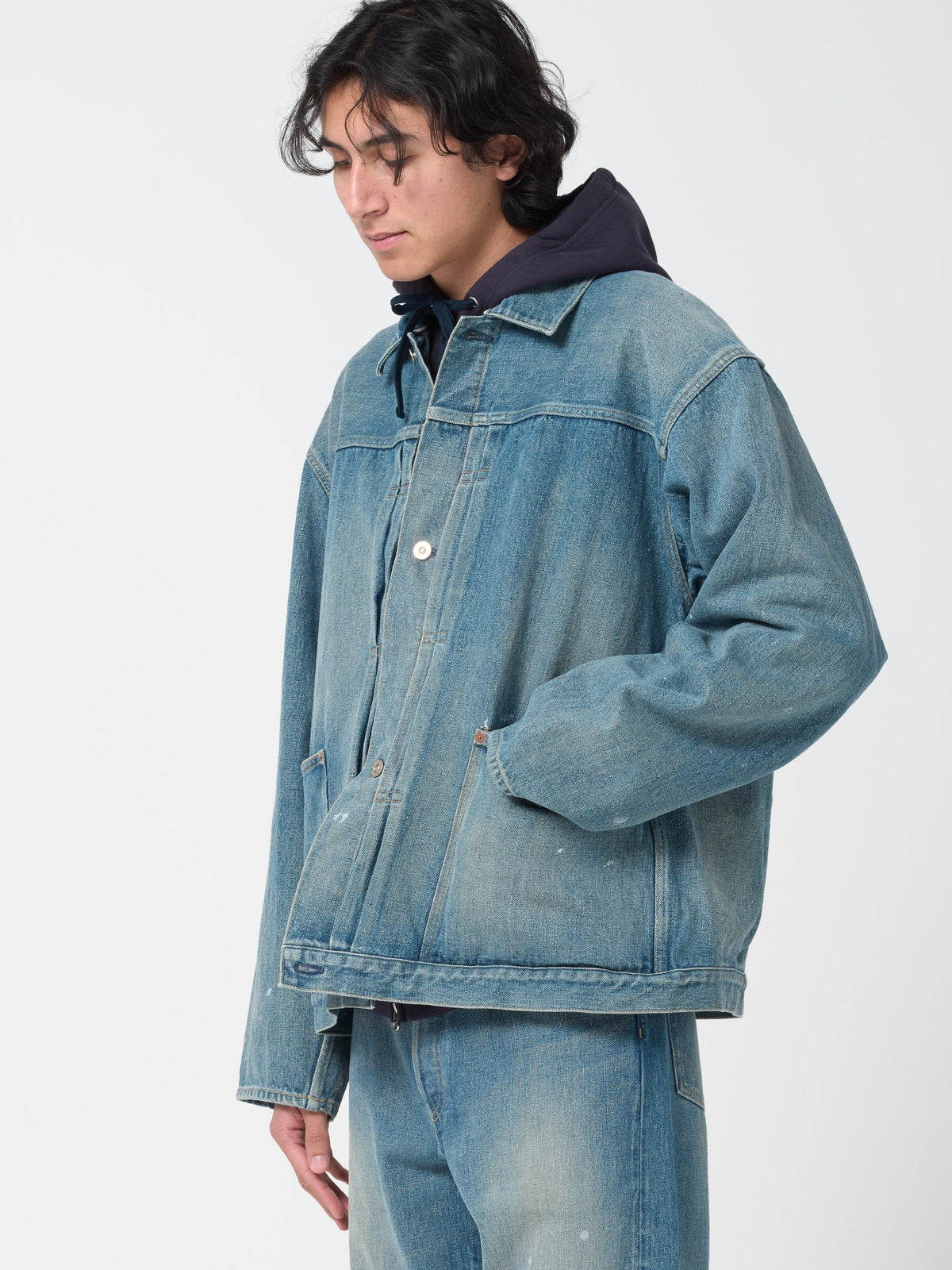 Veste Pleats en Denim, Fade Indigo