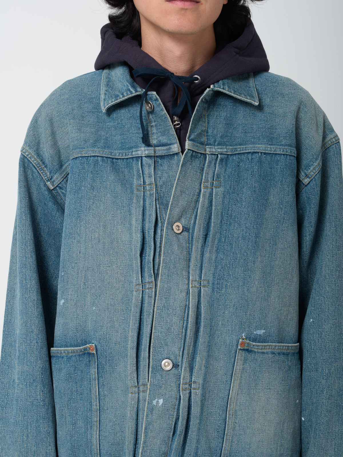 Veste Pleats en Denim, Fade Indigo