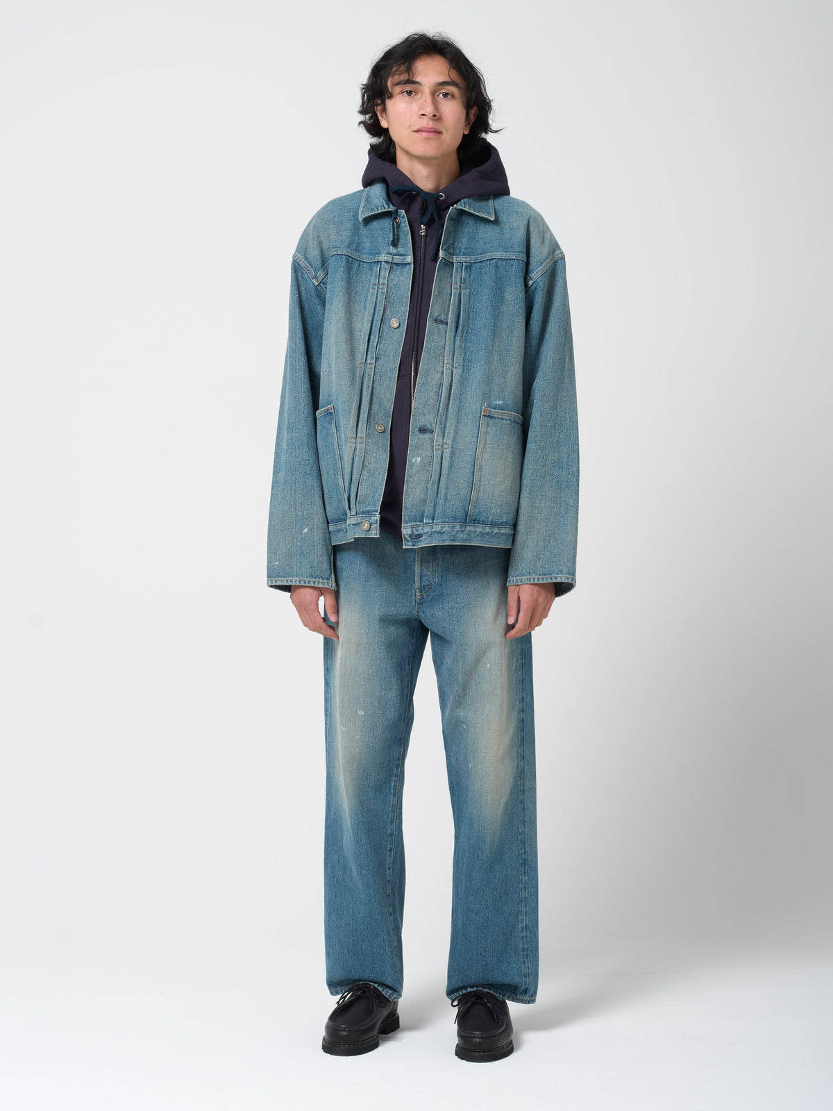 Veste Pleats en Denim, Fade Indigo